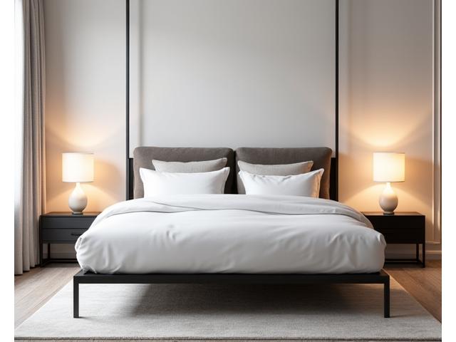 견고한 금속 침대 프레임과 협탁으로 꾸며진 침실